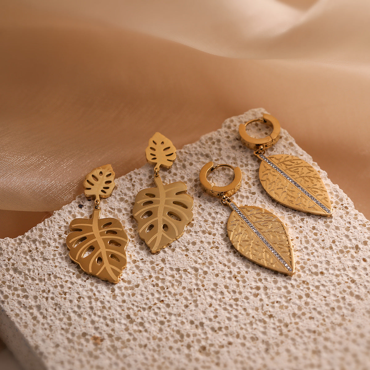 Minimalist Leaf-Shaped Titanium Steel Earrings for Women with Real Gold Plating