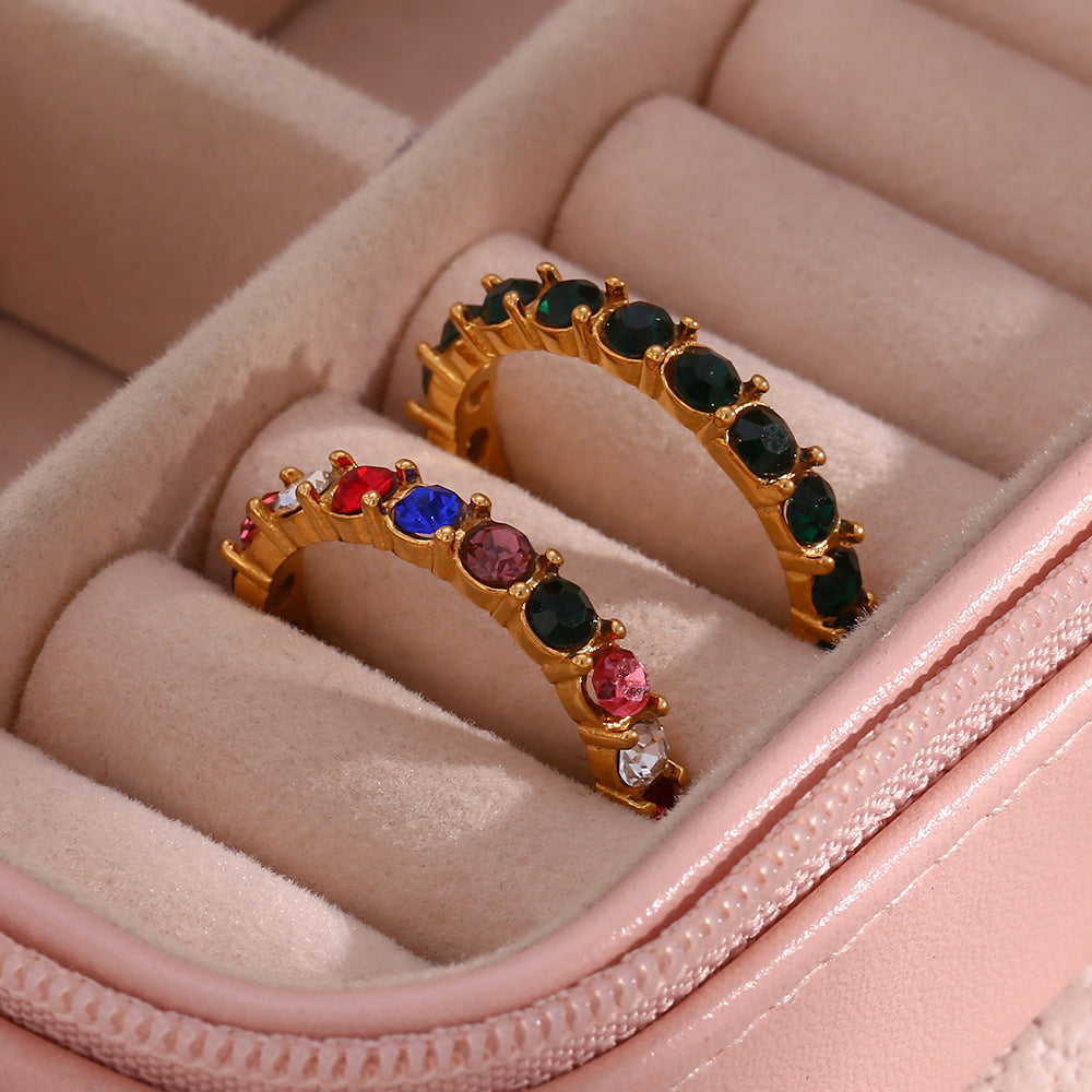 Minimalist Geometric Stainless Steel Ring for Women with 18K Gold Plating and Micro-Paved Colored Zirconia