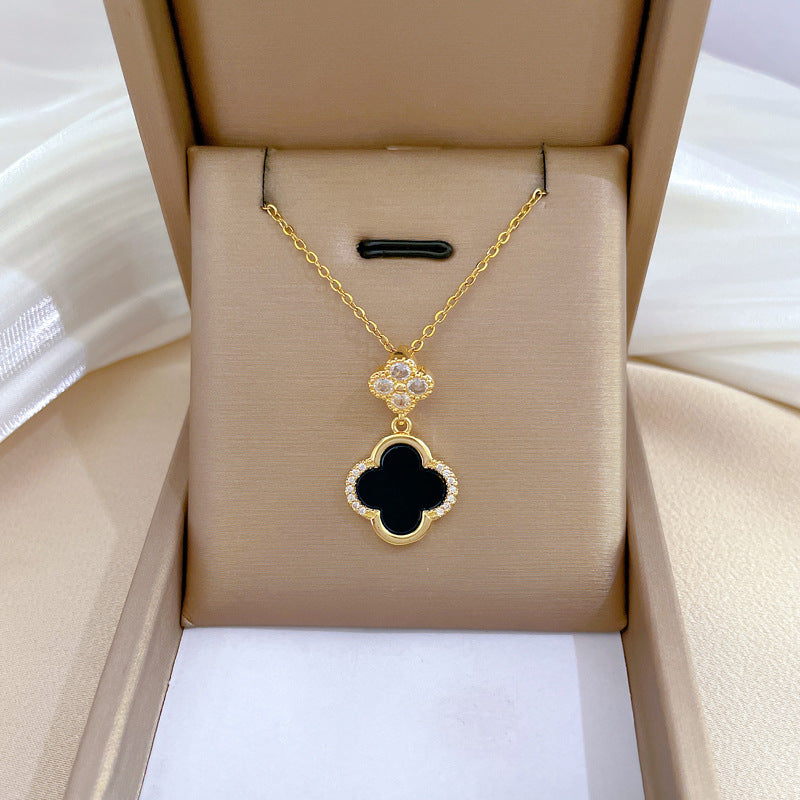 Four-Leaf Clover Rhinestone Pendant Necklace for Women Titanium Steel Irregular Chain Shell Locket Floral Style