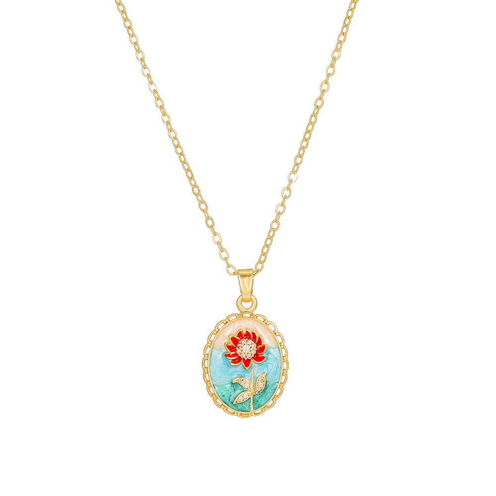 Elegant Drip Oil Floral Brass Gold Plated Necklace with Cubic Zirconia Inlay Cable Chain