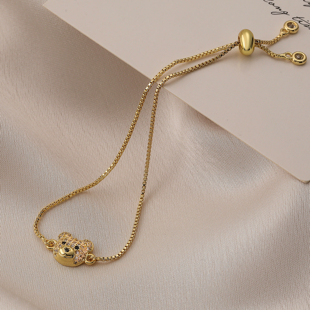 Minimalist Bear-Shaped Copper Bracelet with Gold Plating and Zircon Inlay for Women