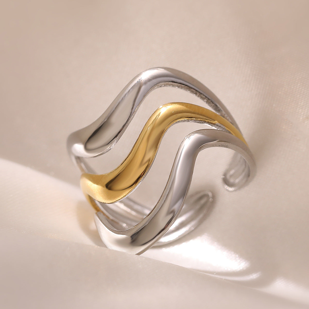 Anello Aperto Minimalista Geometrico in Acciaio Inossidabile da Donna con Dettagli Micro-Pavé e Design Irregolare