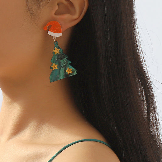 Sweet-Edgy Acrylic Christmas Tree Earrings for Women with Handcrafted Detail and Festive Floral-Inspired Design