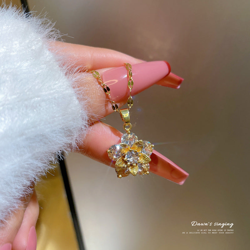 Cartoon-Style Geometric Snowflake Zircon Pendant Necklace for Women in Titanium Steel with Micro-Pavé Setting and Clavicle Chain