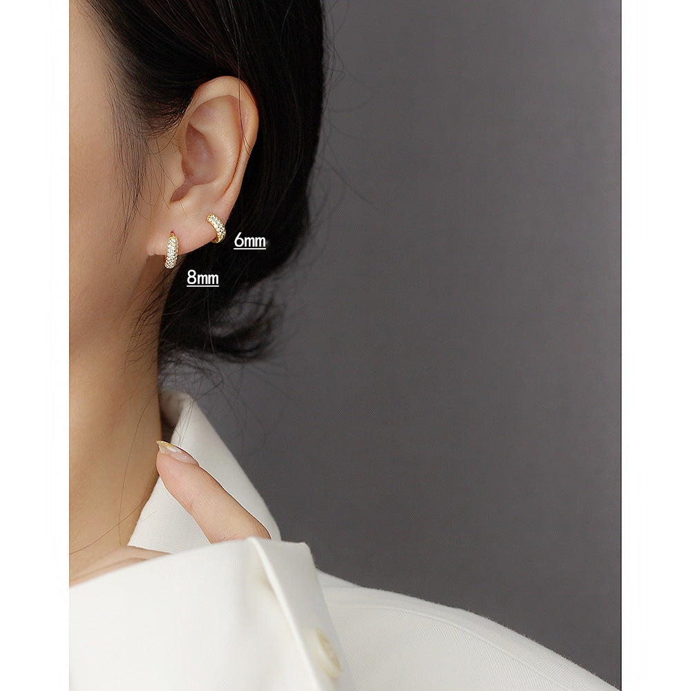 Minimalist Geometric S925 Sterling Silver Huggie Hoop Earrings with Triple Row Rhinestone Inlay