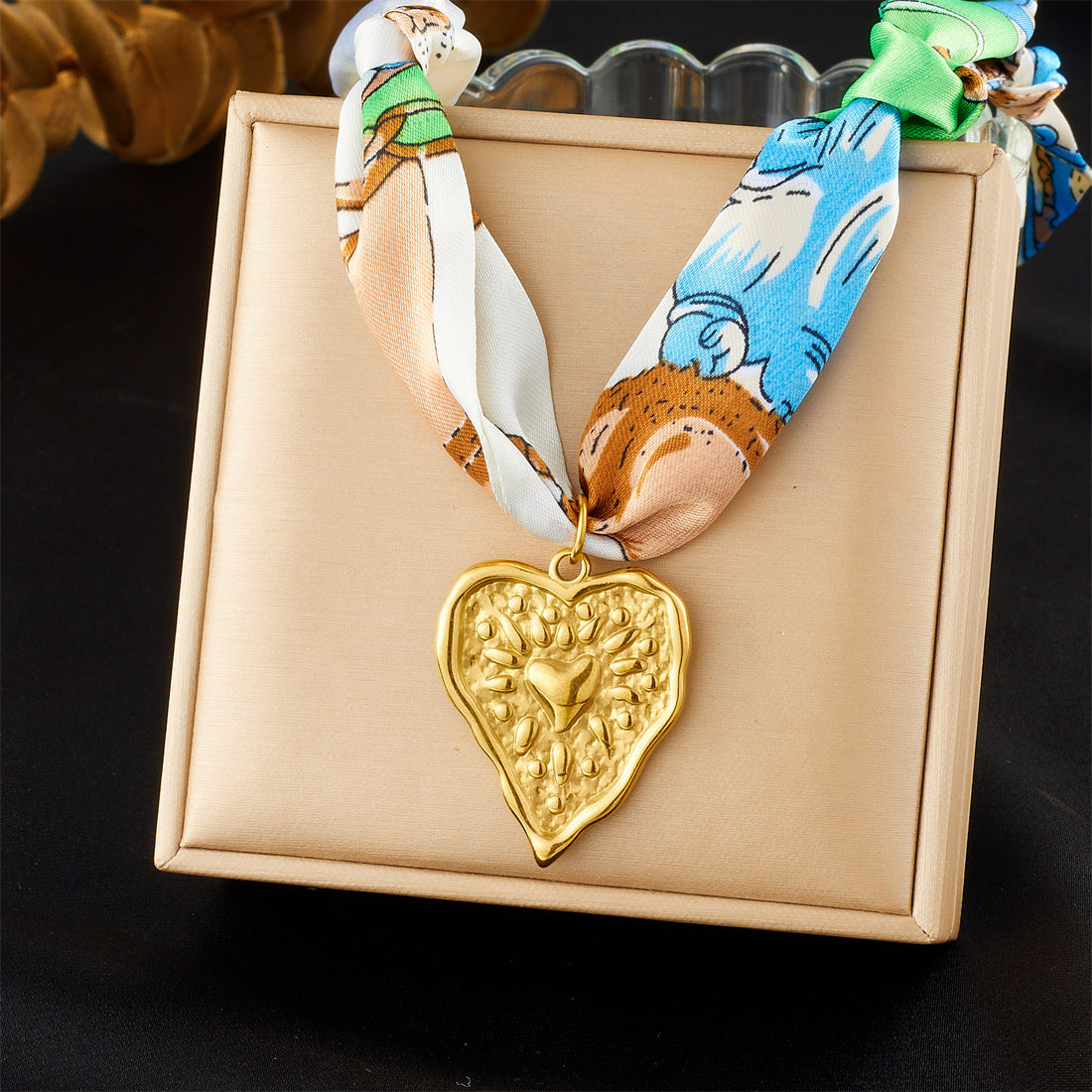 Elegant Gold Plated Stainless Steel Heart Moon Star Necklace with Colorful Floral Print and Knotted Chain for Women
