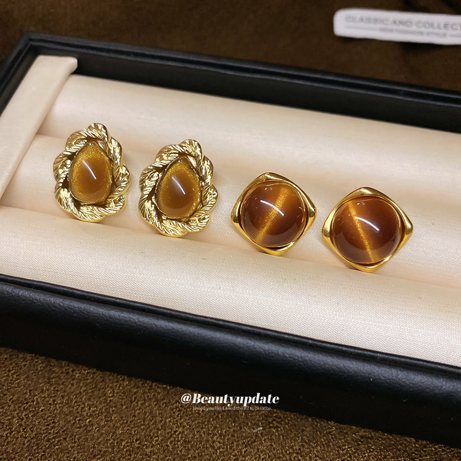 Pendientes de tuerca minimalistas de lujo geométricos con ojo de tigre marrón y postes de plata 925