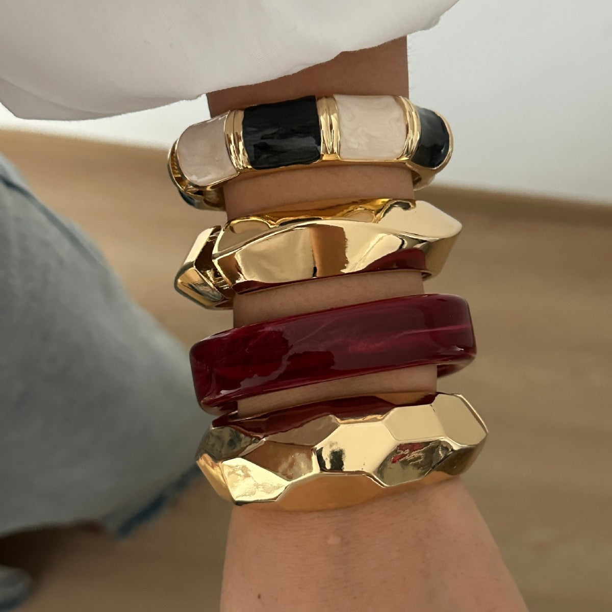 Vintage Enamel Drip Oil Plated Geometric Wave Bamboo Joint Open Cuff Bracelet for Women