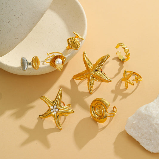 Luxury Ocean-Inspired Stainless Steel Open Ring with Shell and Starfish Design for Women
