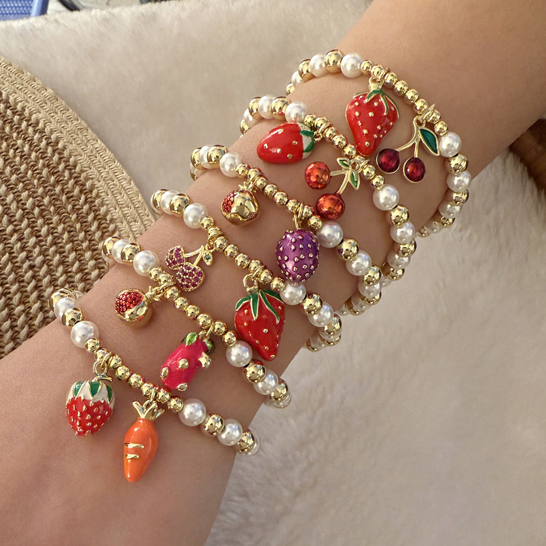 Sweet Cherry and Strawberry Beaded Bracelet in Brass with Handcrafted Farmhouse Style Fresh and Cute Design
