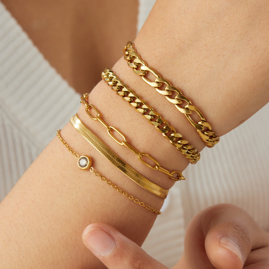 Minimalist Streetwear Gold Plated Stainless Steel Layered Cuban Link and Curb Chain Bracelet Set for Women
