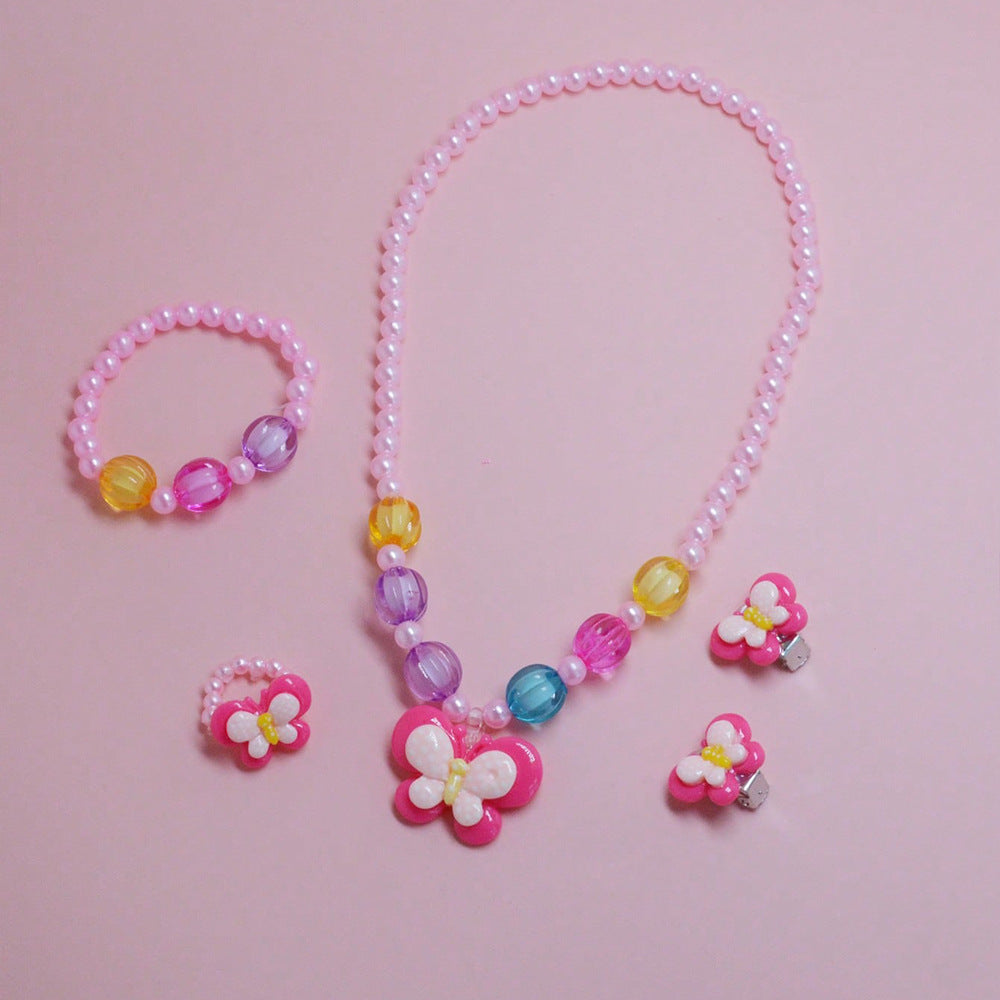 Cartoon Butterfly-Shaped Resin Necklace for Kids with Round Bead Chain, Handcrafted Children's Jewelry Gift Set