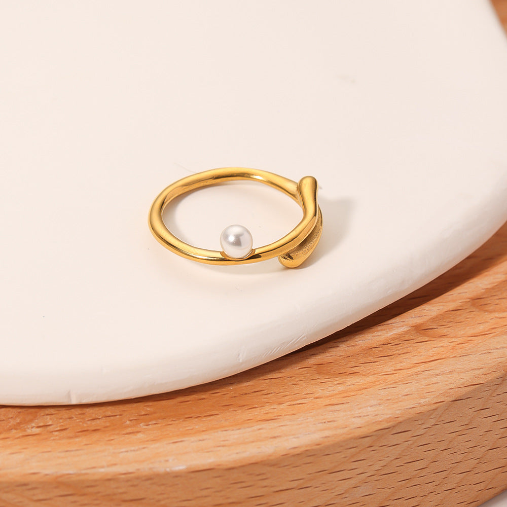 Anello da donna in acciaio inossidabile placcato oro 18 carati con perle d'acqua dolce geometriche irregolari, stile minimalista francese
