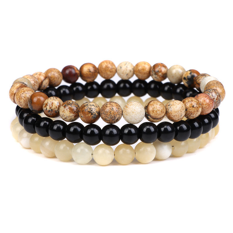 Geometric Natural Agate and Rose Crystal Beaded Stretch Bracelet Set