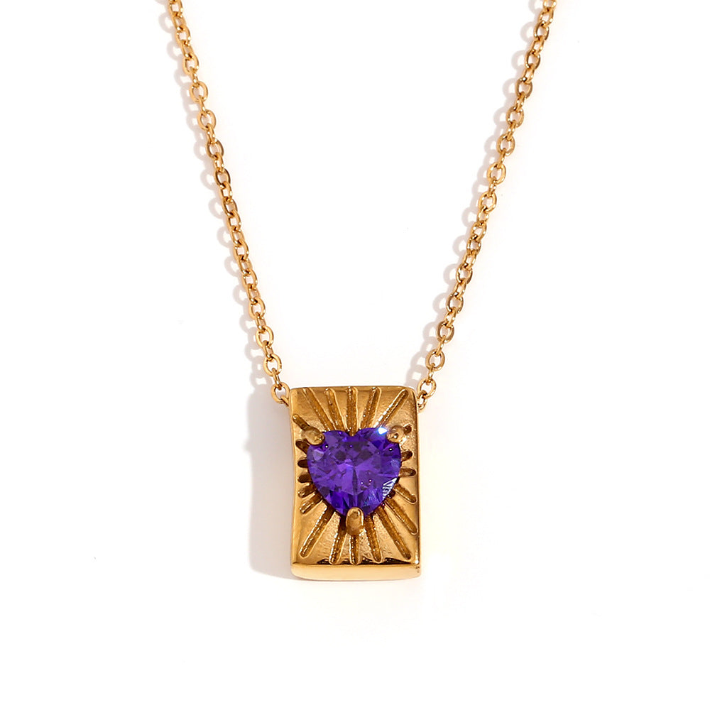 Collana con Ciondolo Quadrato Vintage da Donna in Acciaio Inossidabile con Placcatura in Oro 18K e Ciondolo a Cuore in Zirconia Cubica su Catena Standard