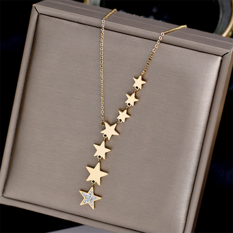 Minimalist Star-Shaped Stainless Steel Pendant Necklace with Rhinestone Inlay and Tassel Detail for Women