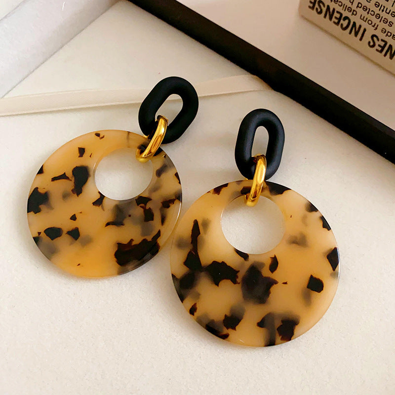 Vintage-Style Geometric Round Hoop Earrings for Women with Alloy Base Plated in Silver Tone Enamel Leopard Print and Rhinestone Inlay