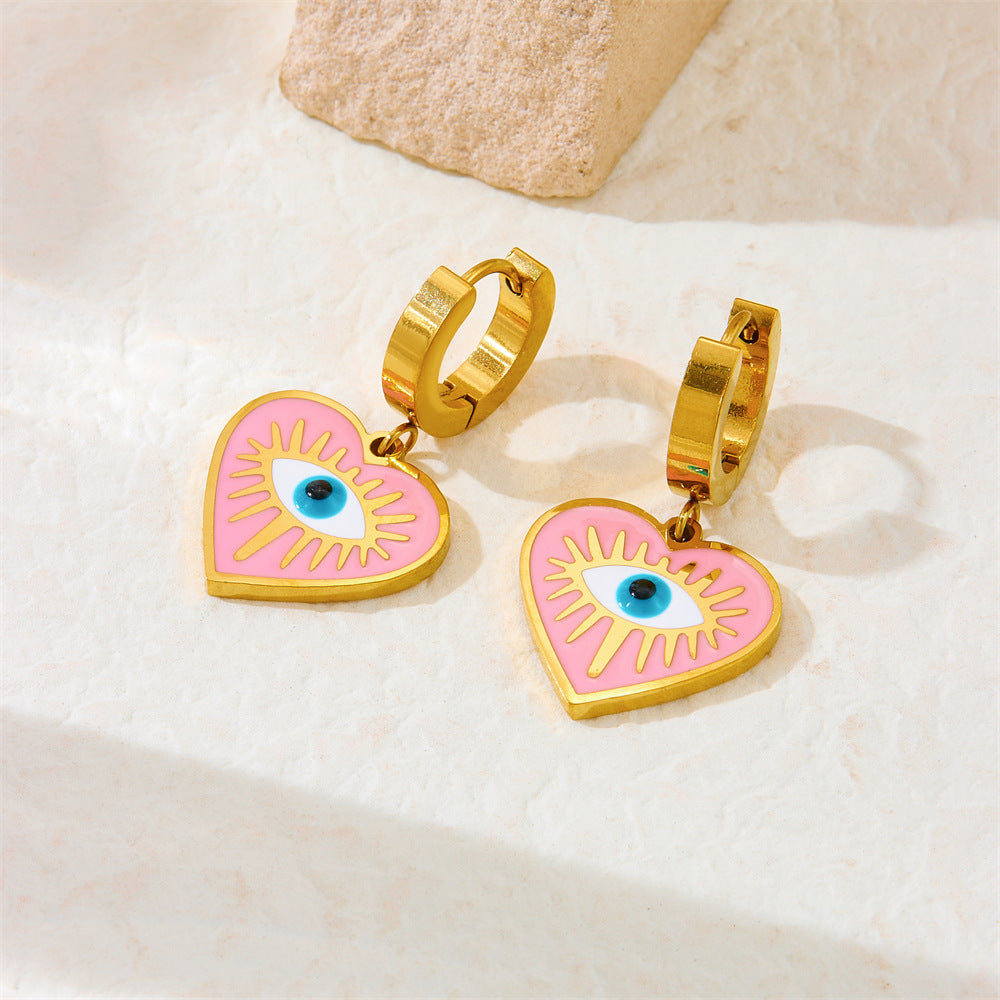Fashion Drip Oil Pink Heart Eye Turquoise Pendant Stainless Steel Necklace Earring Bracelet Set for Women
