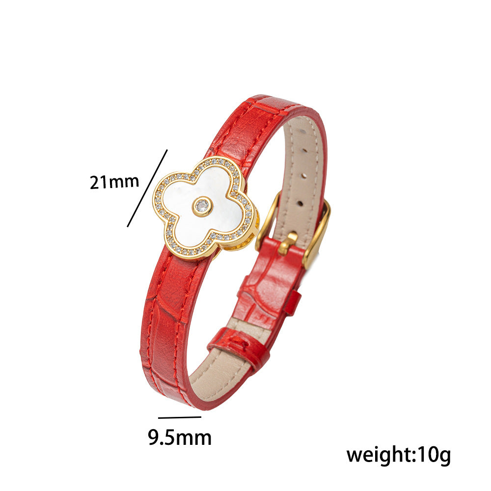 Pulsera minimalista de acero inoxidable con forma de trébol y correa de cuero genuino para hombre y mujer