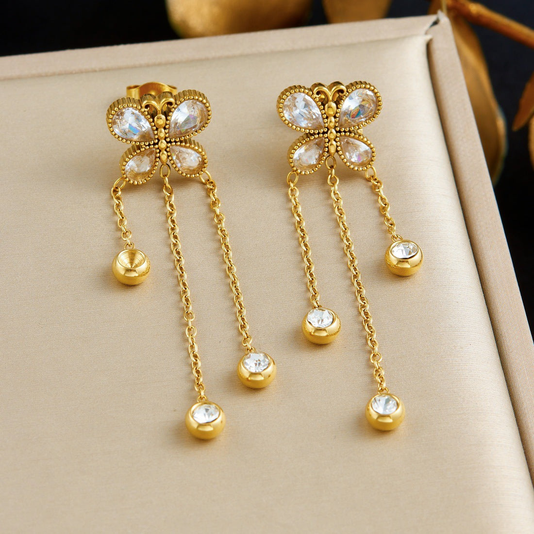 Vintage Minimalist Gold Plated Stainless Steel Butterfly Round Rhinestone Tassel Drop Earrings