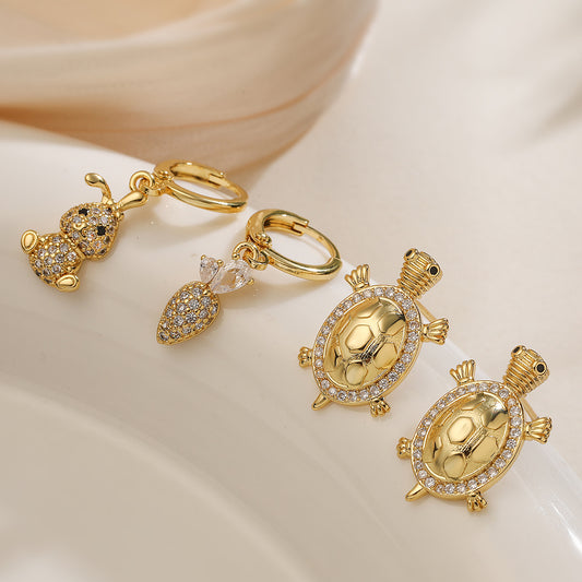 Minimalist Geometric Rabbit Turtle Animal Brass Earrings for Women