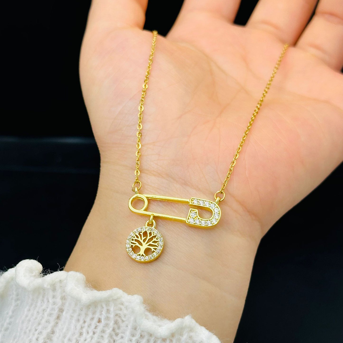 Minimalist Double Layer Tree Pendant Necklace 18K Gold Plated Titanium Steel O-Chain for Women