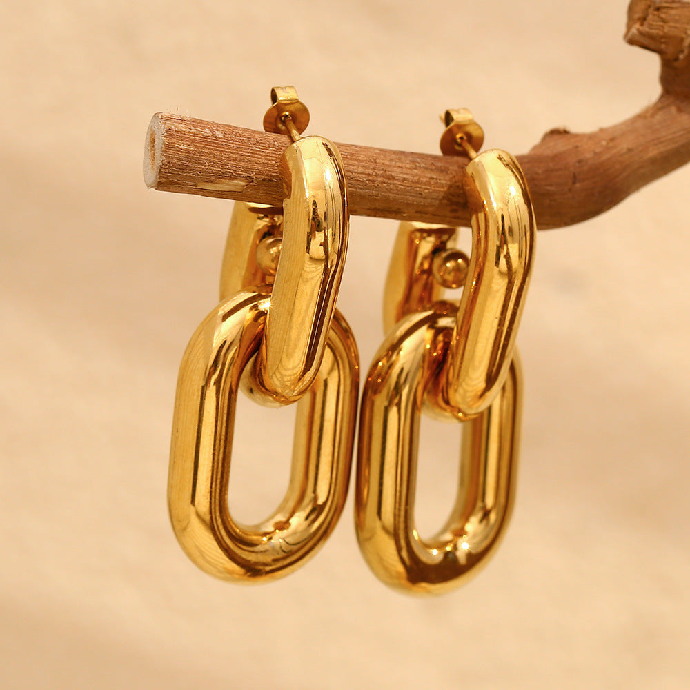 Minimalist Geometric Stainless Steel Earrings with 18K Gold Plating Hollow Chain Design for Women