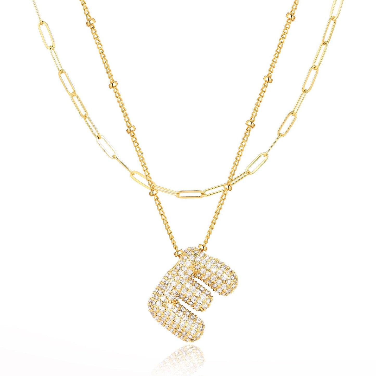 18K Gold Plated Brass Double Layer Letter Necklace Micro Pave Cubic Zirconia Serpentine Chain Women's Jewelry