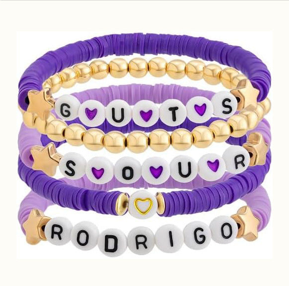 Purple Resin Letter Charm Bar Bracelet Set Unisex