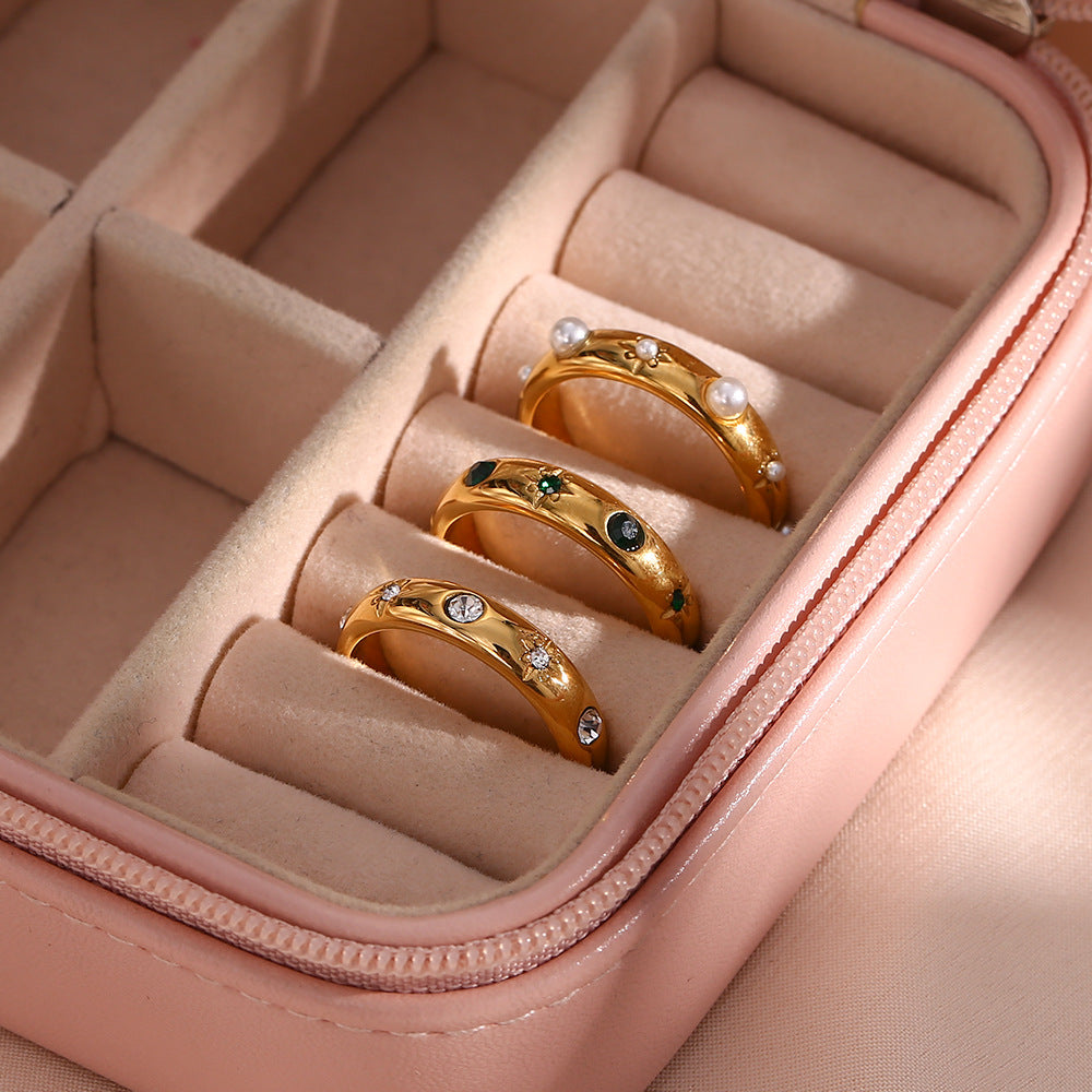Minimalist Geometric Stainless Steel Ring with 18K Gold Plating and Clear Zirconia Floral Accent for Women
