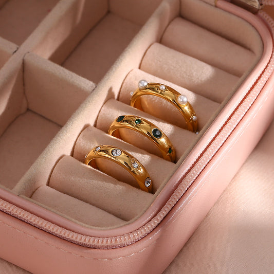 Minimalist Geometric Stainless Steel Ring with 18K Gold Plating and Clear Zirconia Floral Accent for Women