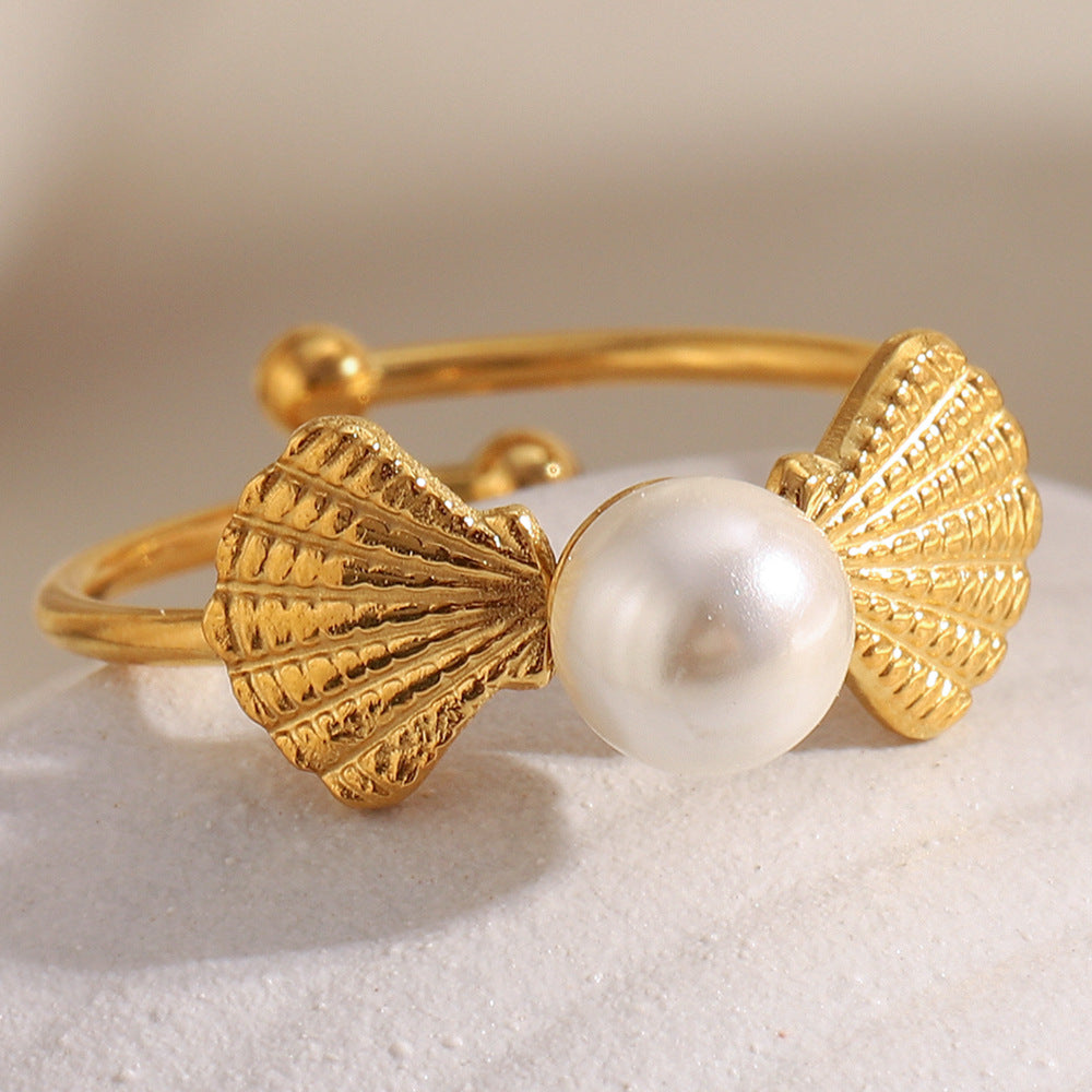 Retro French-Inspired Minimalist Geometric Stainless Steel Plated 18K Gold Open Ring for Women with Pearl-Like Finish