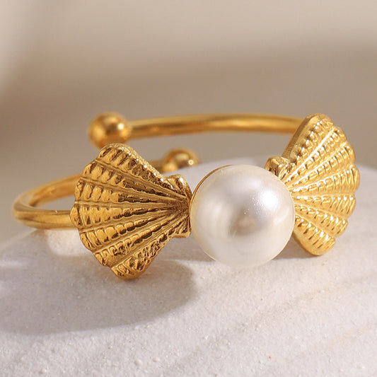 Retro French-Inspired Minimalist Geometric Stainless Steel Plated 18K Gold Open Ring for Women with Pearl-Like Finish