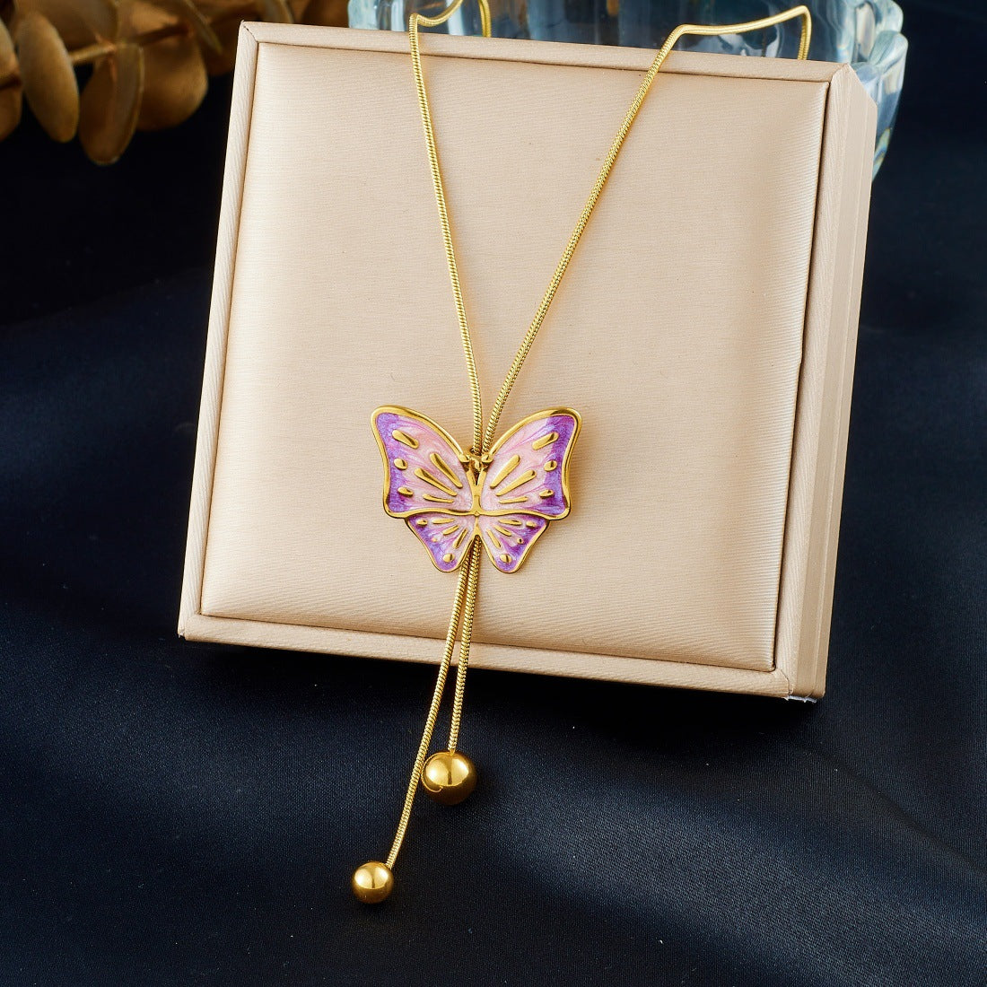 Minimalist Pink Purple Gradient Butterfly Drip Oil Plated Stainless Steel Necklace with Tassel and Gold Beads