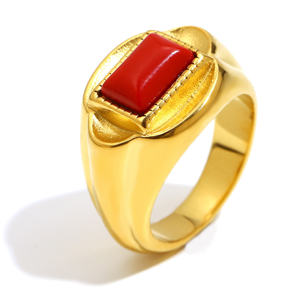 Anello da Donna in Acciaio Inossidabile con Placcatura Oro 18K, Pietra Rossa, Stile Geometrico Vintage, Accessorio di Lusso alla Moda