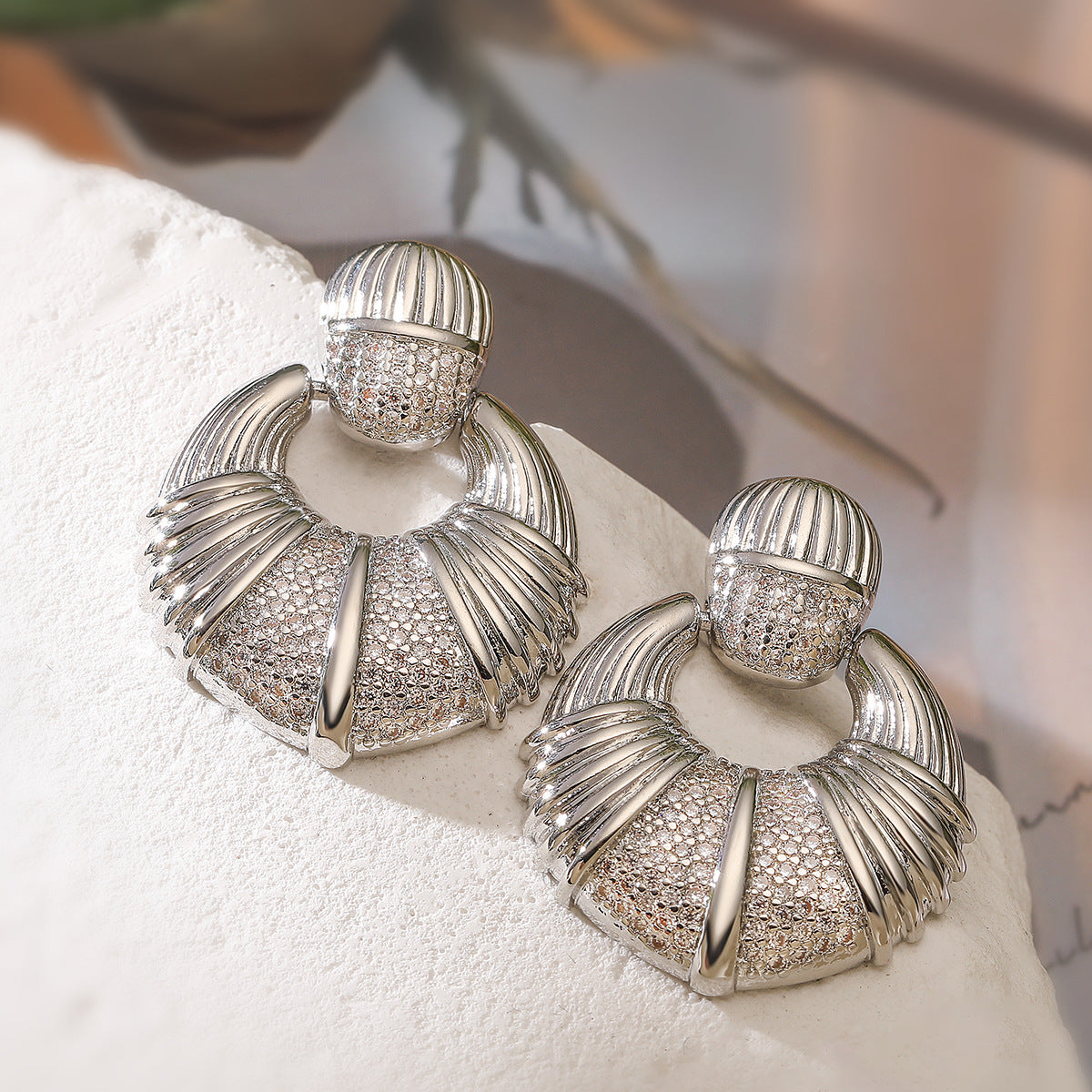 Minimalist Geometric Copper Earrings with 18K Gold Plating and Zircon Inlay for Women