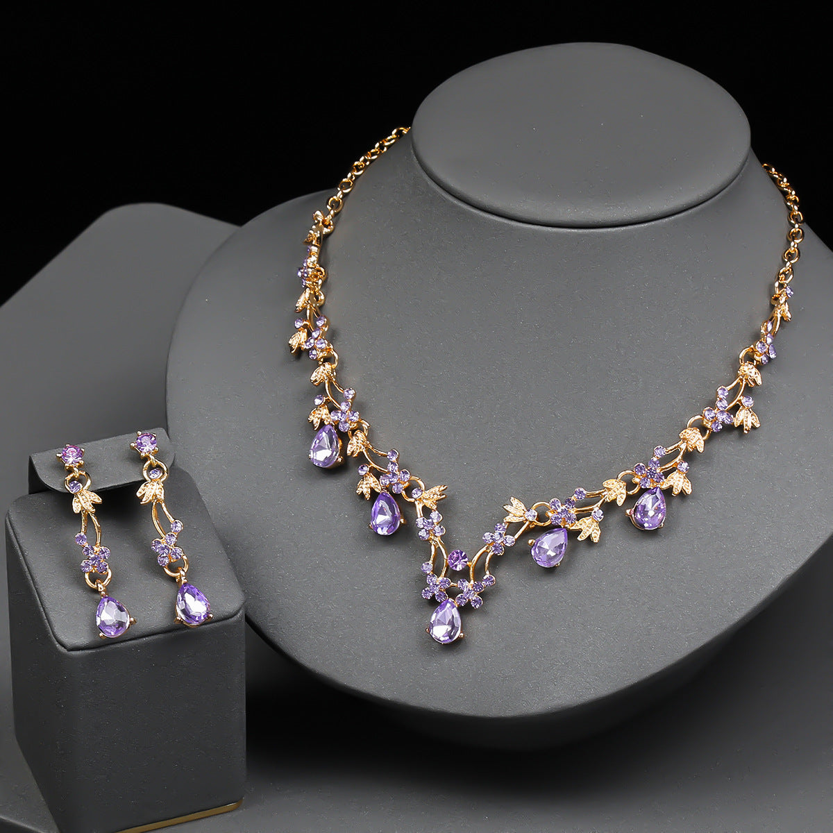 Charming Floral Wedding Necklace and Earrings Set for Women with Rhinestone Accents, Alloy Pendant and Chain, Plated Finish, O-Chain Style, Cherry Blossom Petal and Olive Branch Design