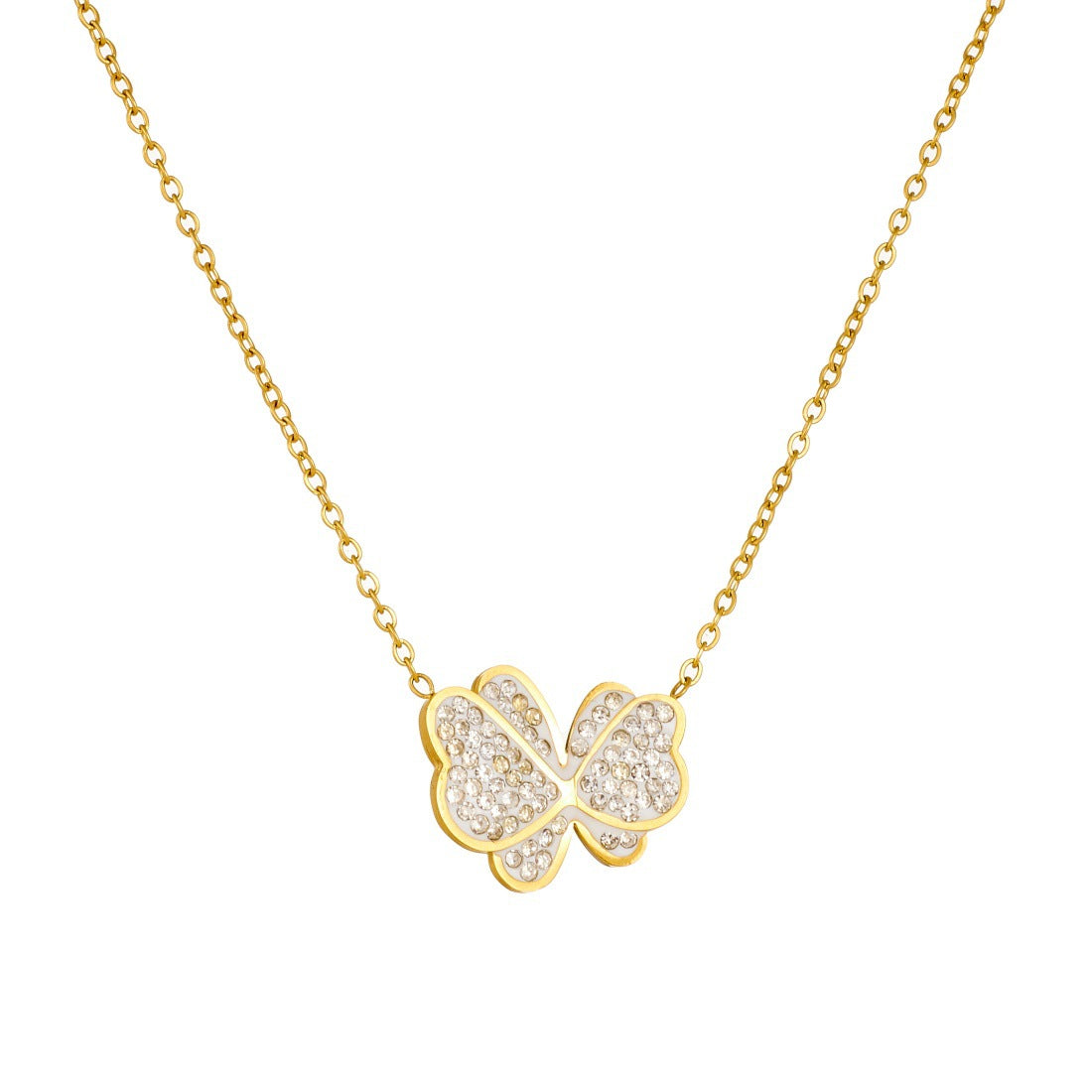 Elegant Gold Plated Stainless Steel Butterfly Necklace with Rhinestone Inlay and Cable Chain for Women