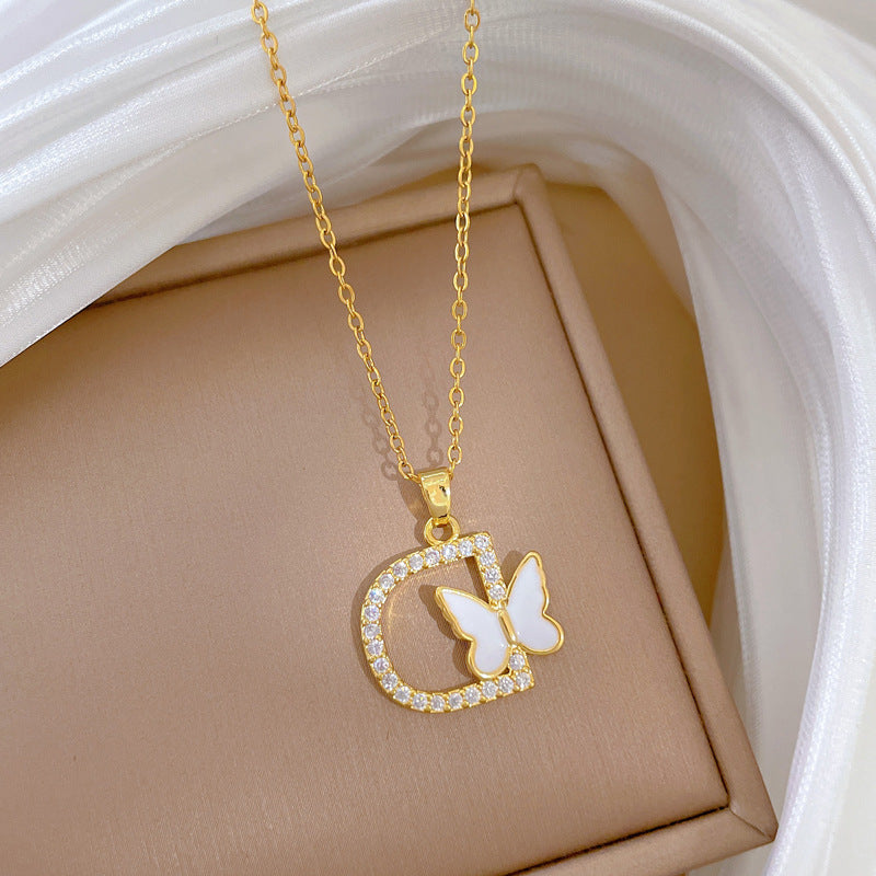 Sweet Minimalist Butterfly Geometric Rhinestone Pendant Titanium Steel Necklace for Women and Men