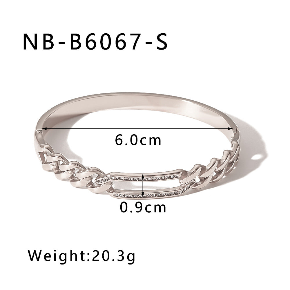 Minimalist Rectangular Hollow Bangle with Herringbone Texture, Rhinestone Inlay, Stainless Steel Base, 18K Gold Plated Finish for Women