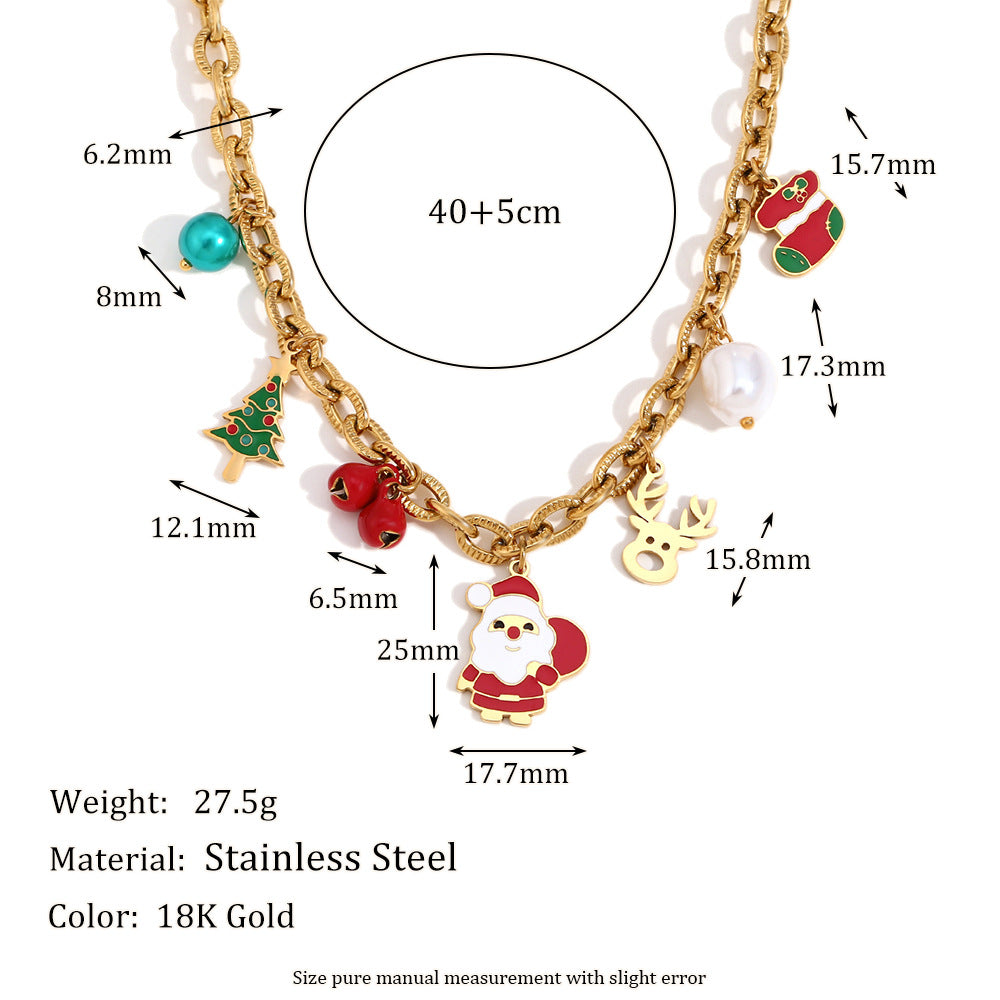Fashionable Cartoon Character Pendant Necklace for Women Stainless Steel with 18K Gold Plating Large O-Shape Chain Christmas Theme Deer Santa Bell Design