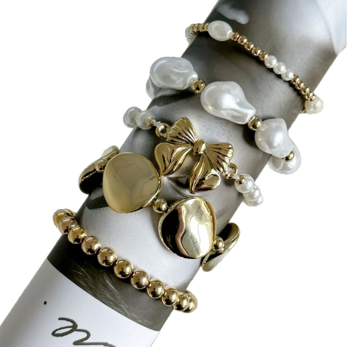 Casual Geometric Heart Bow Acrylic Beaded Bracelet Set with Pearl Elements