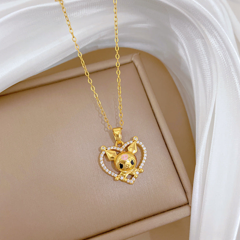 Sweet Luxury Heart Geometric Rhinestone Pendant Necklace Titanium Steel Cable Chain Unisex