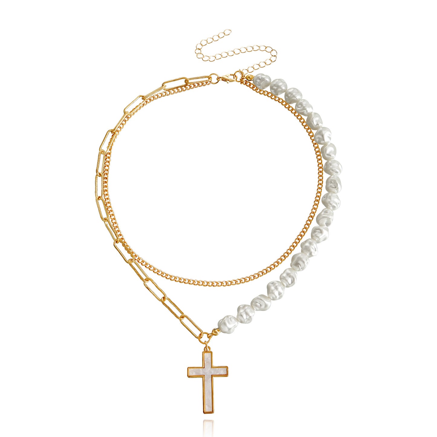 Fashionable Two-Tier Layered Cross Pendant Necklace for Women in Alloy with Electroplated Finish and White Mother-of-Pearl Inlay