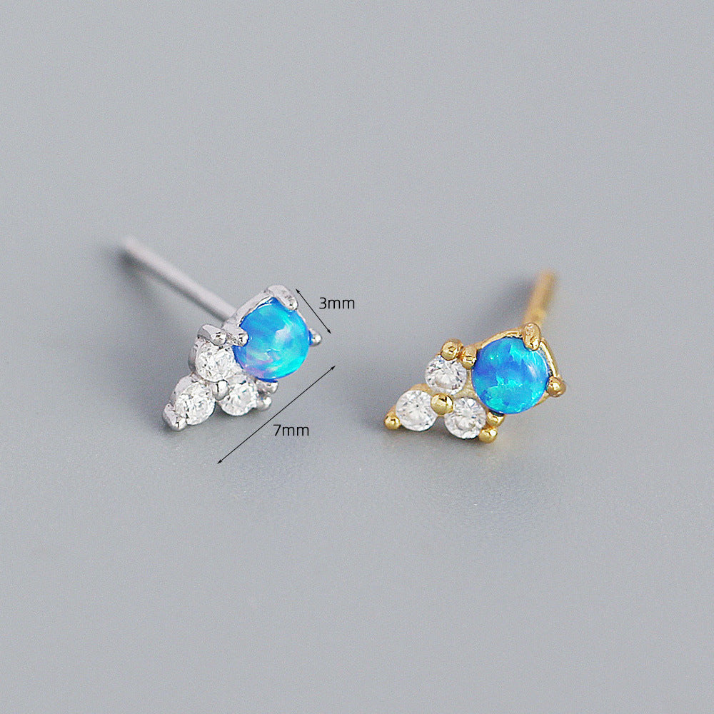 Orecchini a perno con opale e intarsio di strass in argento sterling S925, stile naturale, forma geometrica da donna