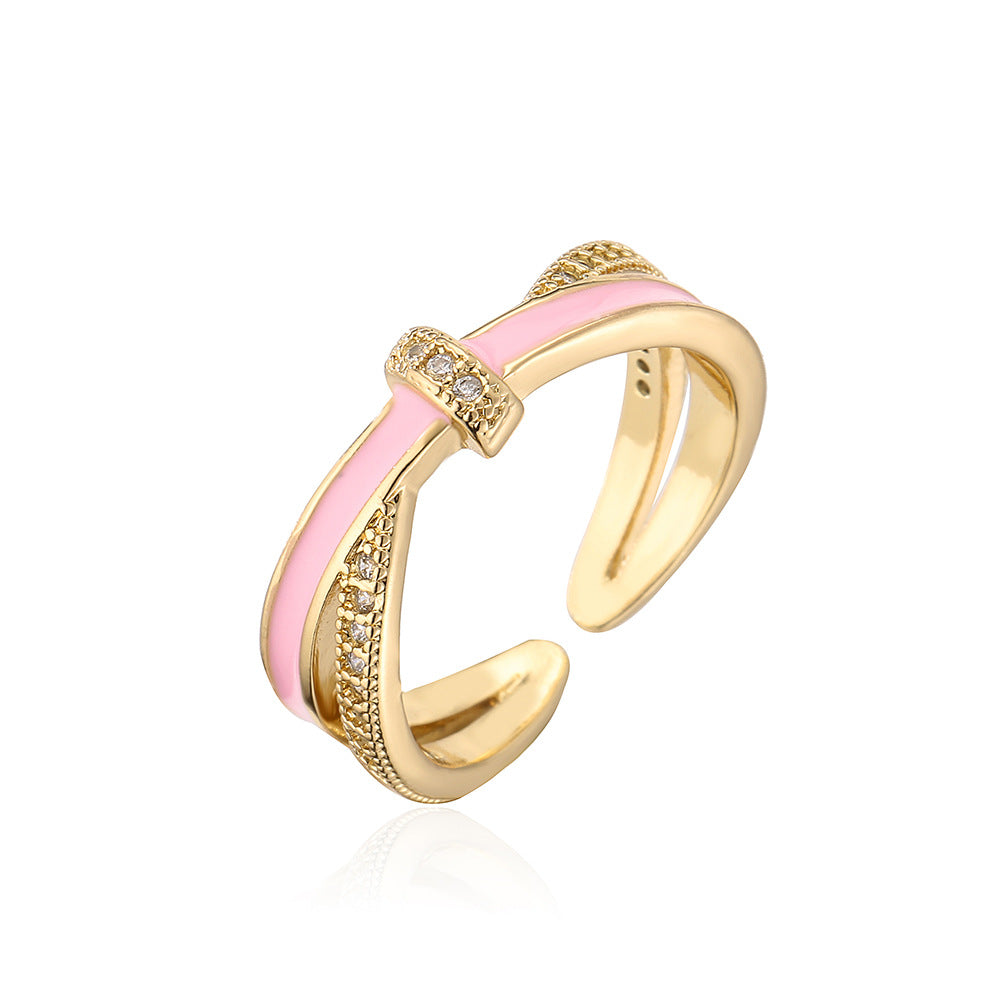 Minimalist Geometric Open Ring for Women in Copper with 18K Gold Plating and Enamel Finish, Set with Zircon