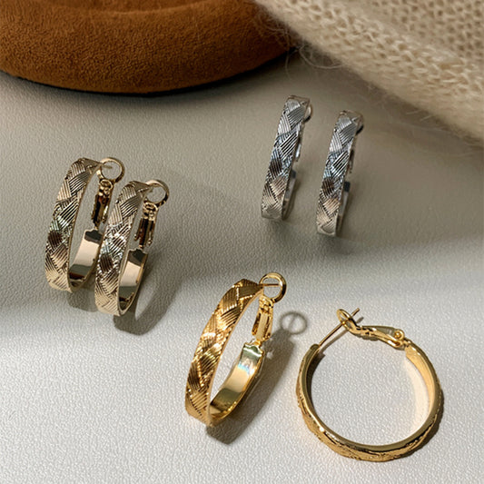 Minimalist Geometric Metal Hoop Earrings with Crosshatch Texture for Women