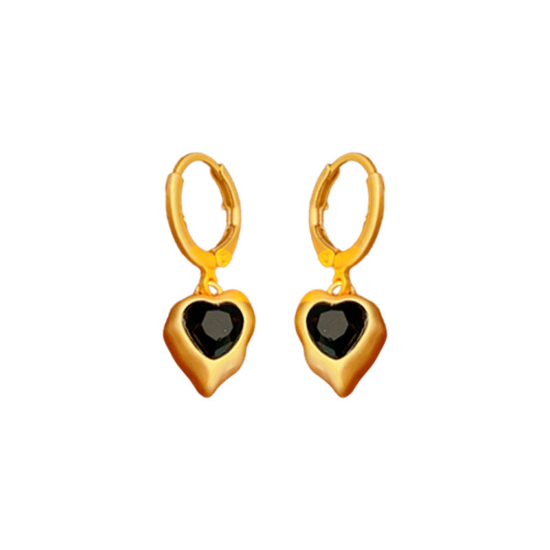 Orecchini a perno vintage a cuore nero in lega con intarsi in strass e placcatura in oro da donna