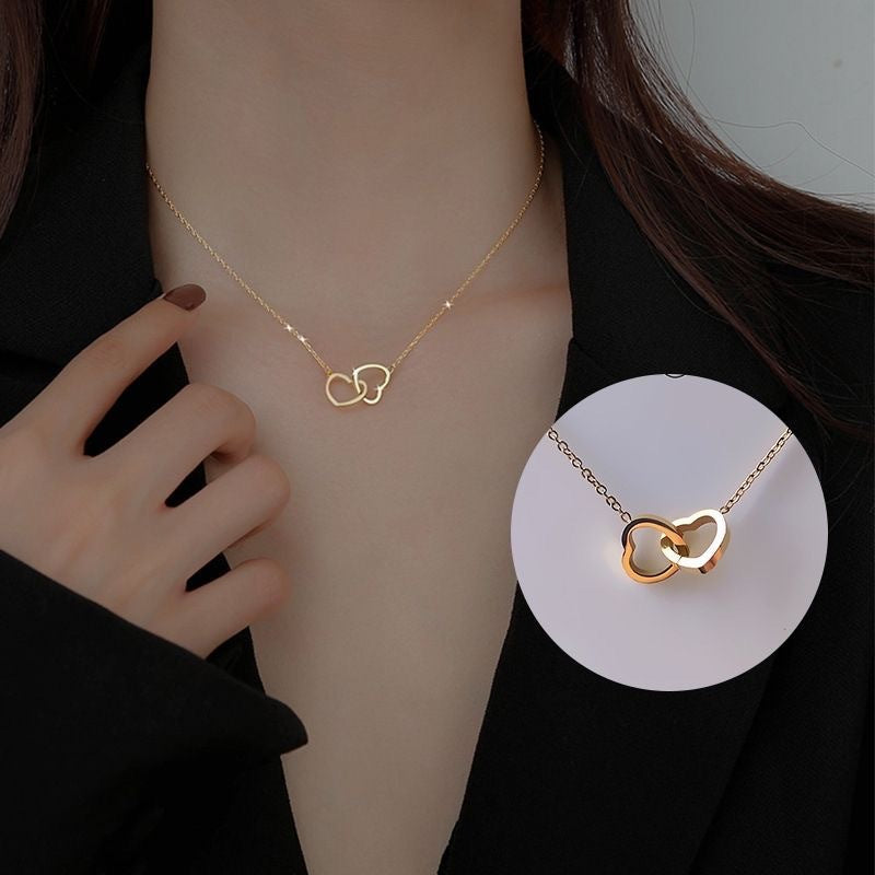 Minimalist 18K Gold Plated Titanium Steel Double Heart Pendant Necklace for Women and Men