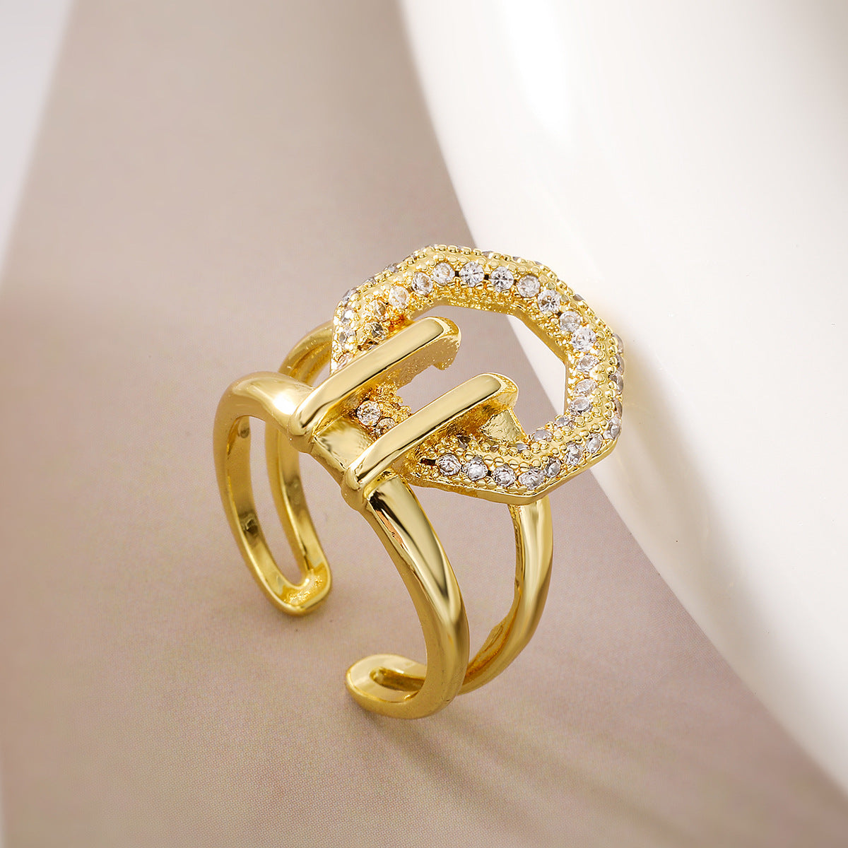 Minimalist Geometric Open Ring for Women in Copper with 18K Gold Plating and Zircon Inlay